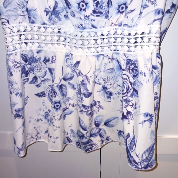 New Lace Insert Ruffle Sleeve Peplum Blouse - Picture 8 of 8